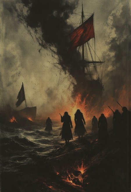 A dramatic, high-resolution fantasy illustration capturing the final desperate stand of a battered pirate galleon, locked in combat beneath a surreal, storm-split sky. The once-proud ship creaks against roaring waves and cannon fire, its sails torn, hull scorched, and rigging aflame. Armored corsairs, their coats soaked in blood and seawater, man the blazing deck with fierce resolve — firing pistols, swinging cutlasses, shouting defiance into the chaos.
At the prow, the captain stands defiant, coat shredded by wind and fire, hair whipping around a face carved by war. With a raised sabre and burning eyes, he signals one final charge as golden cannon fire lights the sea like dying stars. A tattered pirate flag flaps violently above, catching what little light breaks through smoke-drenched skies, casting dramatic shadows across the wounded deck.
Fire and salt spray mix with glowing embers and spectral mist, while the sea boils beneath them, littered with wreckage and fallen comrades. The atmosphere is thick with romanticized warfare, heroic desperation, and the surreal poetry of doomed resistance. Directional light from the setting sun strikes angled clouds and smoke plumes, creating cinematic highlights and sharp color contrast.A timeless masterwork of dynamic composition, epic scale, intricate textures, and brilliant lighting. Inspired by Frank Frazetta, Howard Pyle, and Jakub Rozalski. Best quality, emotionally charged, absolutely eye-catching, and unforgettable.