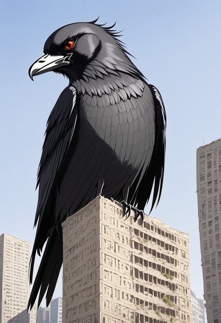 (anime), 1girl, city ruin, crow, (masterpiece), score_9