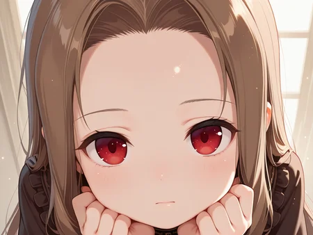 <lora:IL_Fleta:1>,1girl,solo,mb_fl,Fleta,red eyes,brown hair,forehead,goth_fashion,from above,light particles,head rest,looking at viewer,close-up of face,(face close up, zoom in:1.5),, masterpiece,amazing quality,best quality,ultra-detailed,8K,illustration,CG,shiny hair,clear skin,ultra-detailed-eyes,ultra-detailed-background,