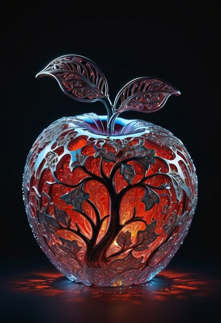 best quality, masterpiece, high resolution, intricate detailed, beautiful photo, hyper-realistic digital artwork,
delicate and transparent vermilion sculpture of an  apple made 0of stained glass, artistic, sparkling dynamic colors, glitter, luminous opalescent, insanely detailed beautiful apple crystallized, meticulously detailed filigree apple, hypermaximalist bioluminescent glowing apple, shimmering, sparkling, extreme contrast and saturation, underwater particles, magical fantasy artwork, ultra high quality,