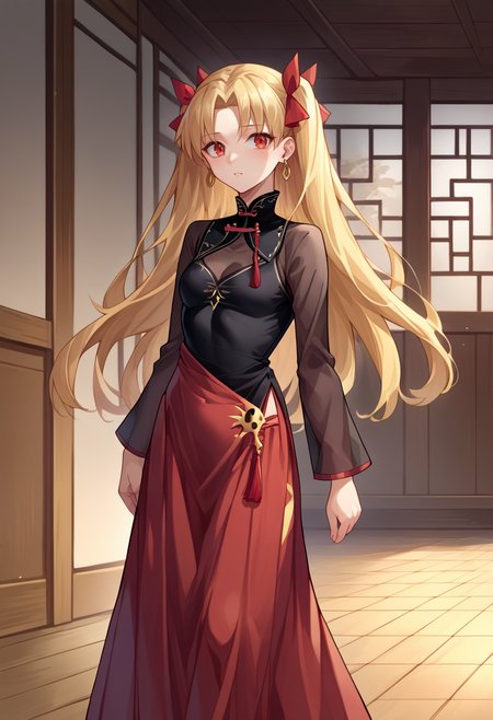 score_9, score_8_up, source_anime, EreshkigalYouming, two side up, hair ribbon, vietnamese dress, black dress, red skirt, long skirt, long sleeves, see-through, standing, indoors, <lora:CHAR-EreshkigalPonyXL:1>