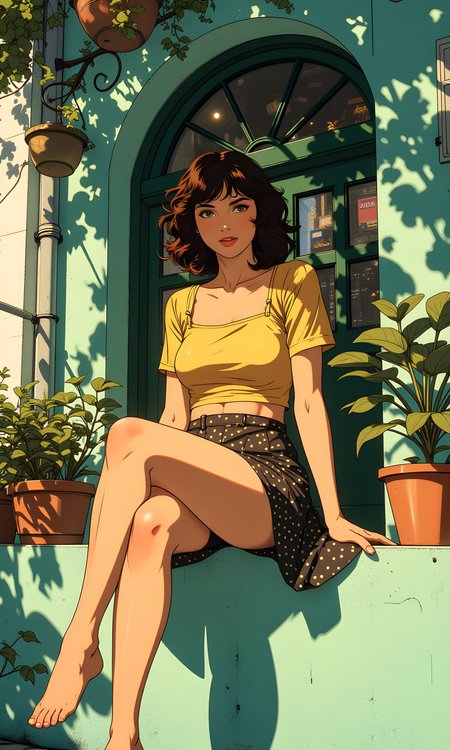 The subject is a woman who is the focal point of the image. She is seated on a ledge, exuding a relaxed and confident demeanor.
Her facial expression is serene and composed, with a slight smile that adds to her charm. Her gaze is directed towards the camera, creating a connection with the viewer.
She is sitting with one leg bent and the other extended, showcasing her long legs. Her hands are placed gently on her thigh, adding to the relaxed pose. Her posture is natural and effortless, enhancing the overall casual feel of the image.
She is wearing a yellow crop top paired with a high-waisted skirt adorned with black polka dots. The outfit is stylish yet comfortable, suitable for a casual outdoor setting. She is barefoot, which adds to the laid-back vibe.
The camera is positioned at a slightly lower angle, capturing the subject from a frontal perspective. This angle emphasizes her height and the length of her legs, while also providing a clear view of her outfit and surroundings.
The lighting is natural, likely from sunlight, casting soft shadows around the subject. The light highlights her skin tone and the texture of her clothing, while the shadows add depth and dimension to the scene. The interplay of light and shadow creates a dynamic visual effect.
The background features an arched window with hanging plants, adding a touch of greenery to the scene. There are also potted plants in the foreground, contributing to the natural and serene ambiance. The wall behind her is painted in a light teal color, which complements the overall aesthetic of the image.
The composition is well-balanced, with the subject centrally framed. The lines of the arch and the direction of the shadows lead the viewer's eye towards her. The background elements, such as the plants and the window, are arranged in a way that enhances the subject without distracting from her. The overall composition is harmonious and visually appealing.
BREAK anime, d13s3lp2nk, bboil artist style, OBdonman, Anime art, <lora:FLUX\Anime Art V3:0.2>, <lora:FLUX\Synesthesia:0.2>, <lora:FLUX\RetroAnimeS1.1:0.5>, <lora:FLUX\Flux-jijia:0.1>, <lora:FLUX\It's a LoRA for portraits, BUT! actually specialized in backgrounds. v1.0:0.1>, <lora:FLUX\GLSHS:0.2>, <lora:FLUX\Dieselpunk Delight - s0_9 g4:0.4>, <lora:FLUX\OBdonman, anime0style portrait:0.1>