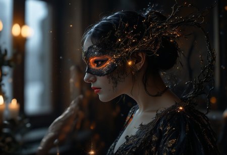 Cinematic style, realism, cinematic quality, Pastel, drawing with dry chalk, 
A vibrant, futuristic form with smooth curves and a golden sheen that created an otherworldly atmosphere. The night was thick with rain, its rhythmic drumbeats in the tall windows of the old manor mingling with the low hum of jazz drifting through the room. She moved through the crowd like smoke, dark and elusive, in a shimmering dress that seemed to catch the light in all the right places. Her (((mask of delicate black lace: 1.4))), clinging to her skin, revealed just enough to spark the imagination, but hid the most important parts: her eyes. Only her lips were open, painted a shade of red that seemed both dangerous and inviting, like a whispered secret. One that could kill a man. Simple yet captivating, the design caught the light reflections on its surface, adding depth and dimension. This digital work of art embodies modernity while simultaneously awakening curiosity about what lies beyond our consciousness.