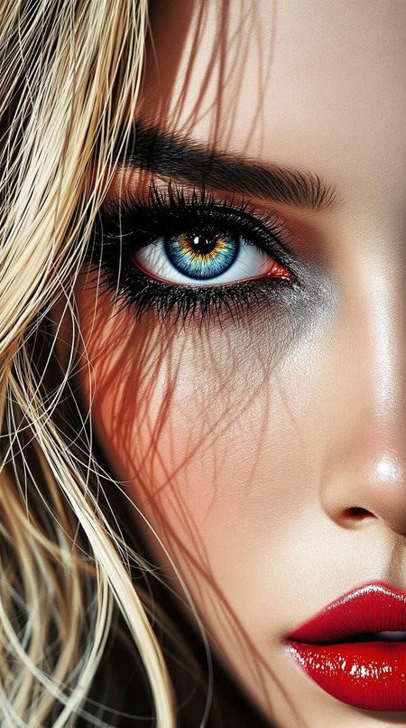 magnificent, photorealistic ink art image in the style of a movie poster, crisp lines, an extreme closeup image of the eyes of a stunning oriental young woman, blonde loose hair, red lips, dark eyeshadow