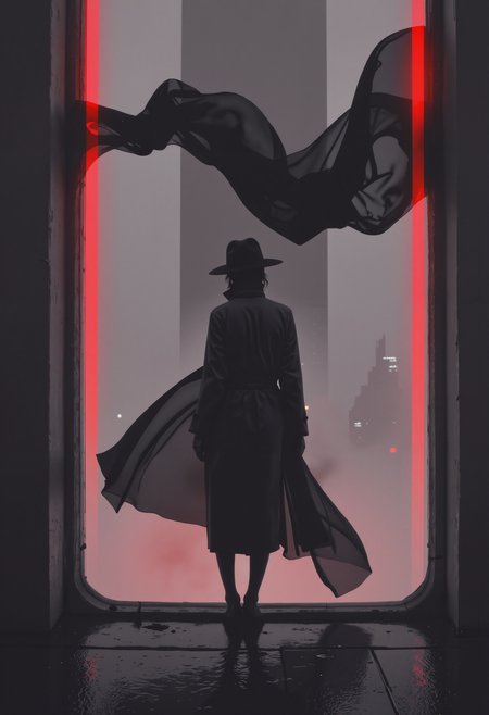 neon-mist, p0st-1mp4ct style, A trench-coated detective, silhouetted in high-contrast shadows, standing before agothic skyscraper, its windows glowing ominously., photography, ethereal atmosphere, flowing fabrics, dreamlike compositions, muted tones, surreal elegance, soft light, fluid movement, feminine forms, weightless figures, delicate textures, emotional depth, serene mood, abstract backgrounds, poetic imagery <lora:Dynamic_pose_fashion_ma4:0.66> <lora:neon-mist03-000015:0.90> <lora:Evangelion_Post-impact_Apocalyptic_Style_Flux.1_D_by_AutoPastel-000019:0.49>
