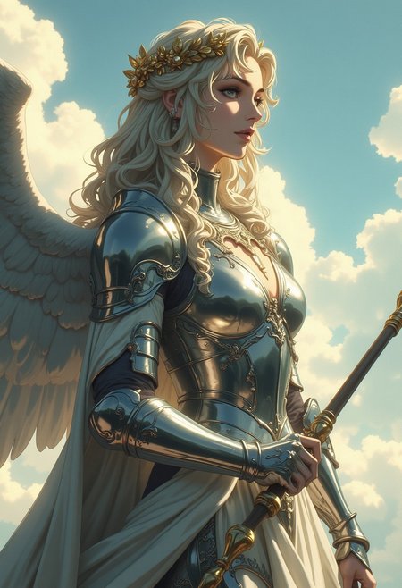 1girl, valkyrie in gorgeous armor is holding a spear in hand, (side view, solo:1.1), standing, golden laurel wreath crown, goddess, pale skin, beautiful face, armored dress, wings, looking at viewer, cloudy sky, holy light, light from clouds, fantasy theme