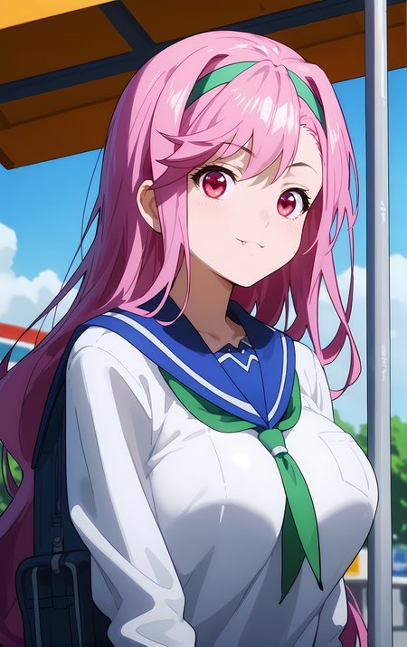 (score_9, score_8_up, score_7_up), standing, leaning forward, looking at viewer, light smile, closed mouth, shiny skin, tight clothes,
ohwx, 1girl, solo, pink_hair, long_hair, hairband, pink_eyes, red eyes, heart, fang, fang_out, breasts, large_breasts,
school_uniform, serafuku,
bus stop,
cowboy shot, dutch angle, close-up,
 <lora:shiria_ootsuka_pony_ss:1>