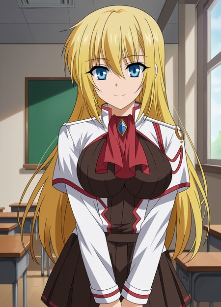 <lora:Silvia_Lautreamont-Seikoku_no_Dragonar:0.85>,Silvia,1girl,solo,blonde hair,long hair,blue eyes,large breasts,school uniform,cowboy shot,looking at viewer,smile,indoors