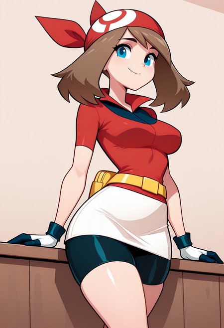 masterpiece, best quality, medium breasts, (curvy),   BREAK,  zzMay, may (pokemon), solo, brown hair, blue eyes, medium hair, red shirt, bike shorts, red bandana, red shirt, gloves,  white miniskirt, yellow belt,  <lora:MayPokemonIXL_v2:1.0>,smile, looking at viewer, cowboy shot,    <lora:Style60_IXL:1.2>,