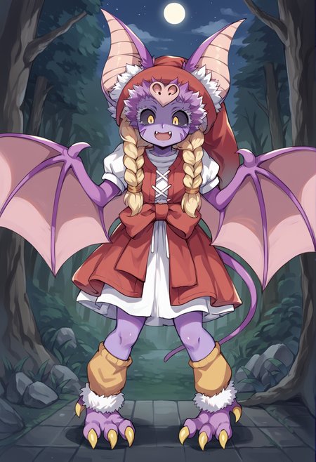 1girl, solo veronica dq11,hat,dress,bracelet, smile  <lora:veronica dq11PonyXL:1> harpy, monster girl, yellow eyes, Black Sclera, claws, fang, fur trim, bat wings, bat ears, tail, colored skin, bat girl, purple skin, outdoors, forest, night, night sky, <lora:Succubat_XL:1> looking down, surprised, panicking, shaded face, blonde hair, long hair, twin braids, score_9, score_8_up, score_7_up, score_6_up, score_5_up, score_4_up, BREAK source_anime, masterpiece