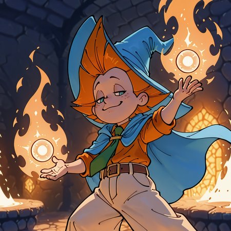 <lora:Neznajka:0.9>, (rich colors:1.3), <lora:aidmaMJ6.1_v0.5_IL:0.8> <lora:princess_xl_v2:0.7>, blue hat, Neznajka,orange shirt, 1boy, necktie,  belt, beige wide pants,  cartoon, casting spell, magic, rpg, smug, close, battle pose, dynamic, domination, power, sexy, wizard, dark fantasy, magic aura, fantasy dungeon, monsters, blue cloak