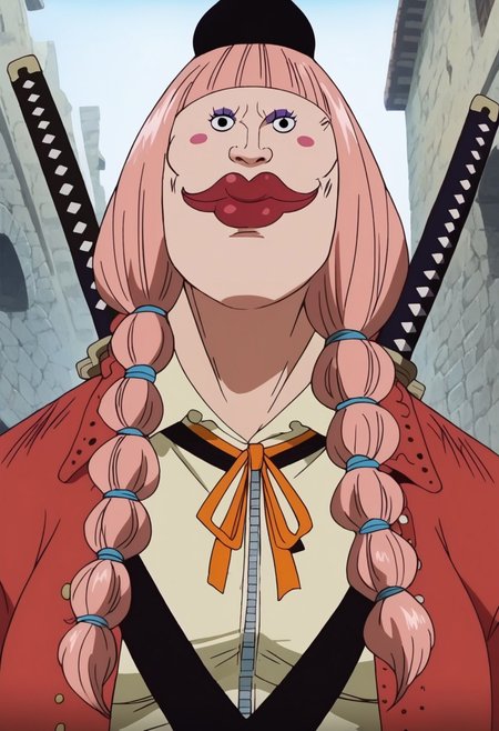 CharlotteLolaOP, 1girl, solo, chubby, long hair, pink hair, bangs, black hat, two pigtails, braids, black eyes, nose, shiny red lips, blush stickers, large head, teeth, one missing tooth, makeup, large breast, large belly, red coat, light green clothes, collar, neck ribbon, shoes, bandages, weapon, katana, weapon on back,
seductive pose, sexy pose, tease,  in the spotlight,,
smile,   jojo reference, 
score_9, score_8_up, score_7_up, beautiful aesthetic, very intricate, high quality details,vibrant, highly detailed, award-winning, professional,anime artwork, anime style, studio anime, athletic, curvy body, athletic girl, perky tits,large breast,perfect tits, round breasts, nipple outline,looking at viewer, pinup pose,teasing, dynamic lighting, cinematic, smug, better than you, aura of temptation, highly detailed, high resolution, masterpiece, detailed clothes, detailed background, highly detailed, ((sound effects)) comic layout,