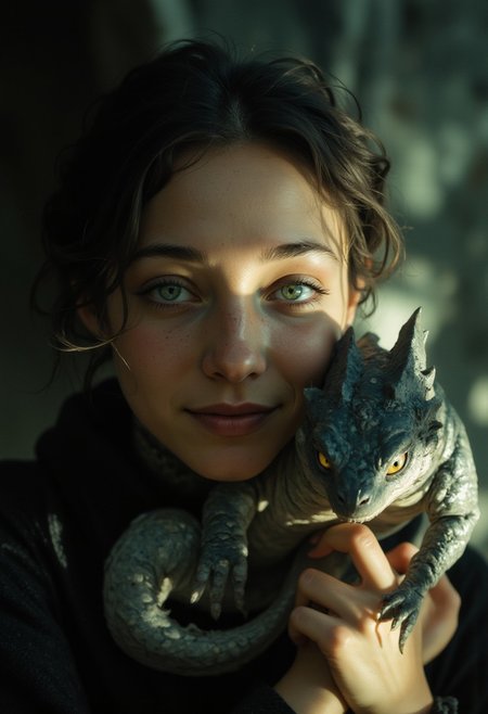 4qu4, UHD 32k fantasy movie still, joyful beautiful women holding her cute baby dragon, evokes feeling of joy, close up portrait, fantasy world, Stunning visuals, Texture, beautiful face features, High Detail, Perfect Composition, in shadow with shafts of light, high contrast, silhouetted, chiascuro, MurphFSF
