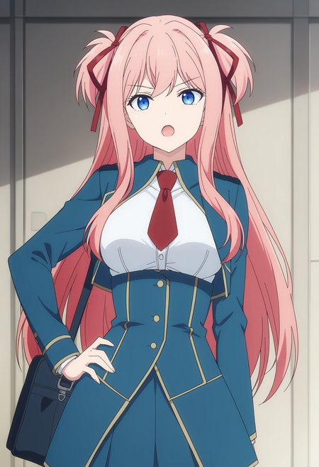 EBLilia, 1girl, solo, long hair, looking at viewer, open mouth, blue eyes, skirt, shirt, ribbon, school uniform, jacket, hair ribbon, white shirt, pink hair, necktie, bag, red ribbon, two side up, blue skirt, hand on hip, blue jacket, red necktie, high-waist skirt, 
 <lora:LiliaKudelfeyt-08:1>, <lora:xl_more_art-full_v1:0.8>