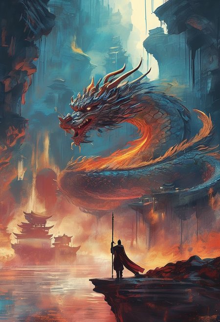 Graphic, digital Illustration. (Artistic) A Chinese dragon guards a futuristic sci-fi chinese city. irregular stone rings hang above the city (((the hovering rings in the sky are gushing waterfalls))), brush strokes and streaks of leaking ink are visible, intense vibrant colors, stark contrasts,  liquid, unreal parts, alluring, fluid, perfection, two moons in the night sky, one is translucent. Intricate background (Alphonse Mucha), Illustration (Bill Sienkiewicz:1.5), maximum detail, 4K, hyperrealistic. charcoals, watercolor and ink technique. Include deep rich dark blues, luminous neon highlights, deep darks, include a rich crimson in the colour palette, gold leaf highlights, ((Masterpiece)), (cinematic composition), resplendent lighting