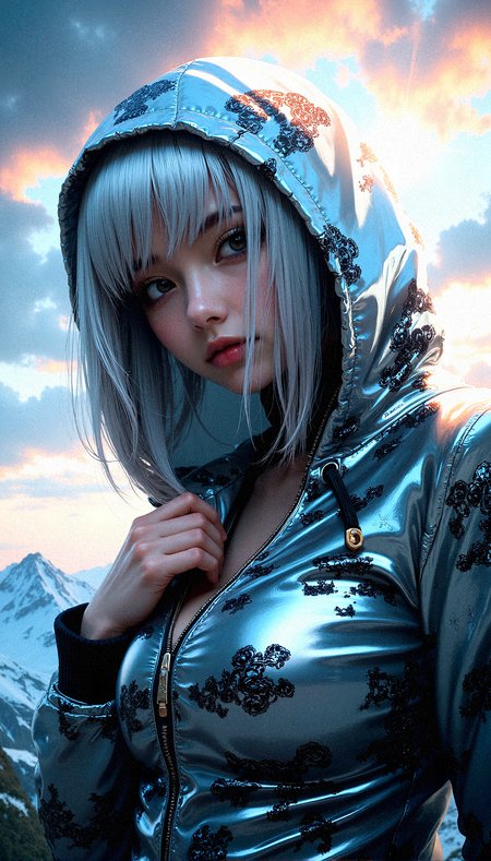 A mysterious beauty is the focal point of this intricate digital artwork, her shining silver hair barely visible beneath a hooded jacket adorned with an intricate cloud print pattern. The jacket is made of a reflective, almost metallic material that catches and refracts light in complex ways, creating a visually stunning texture. The figure’s eyes are hidden in the shadows of the hood, adding to the air of mystery and intrigue. The background features a dramatic, on a cold mountain summit, cloud-filled sky, rich with vibrant colors and swirling patterns, as if nature itself is in turmoil or transition. The lighting is intense, with beams of light cutting through the clouds, casting dynamic shadows across the figure’s face and clothing. The overall composition is highly complex, with rich, saturated colors and extreme detail, making every element—from the texture of the jacket to the vibrant sky—stand out with striking clarity and depth.

She lightly touches her chest, unzipping her jacket, 