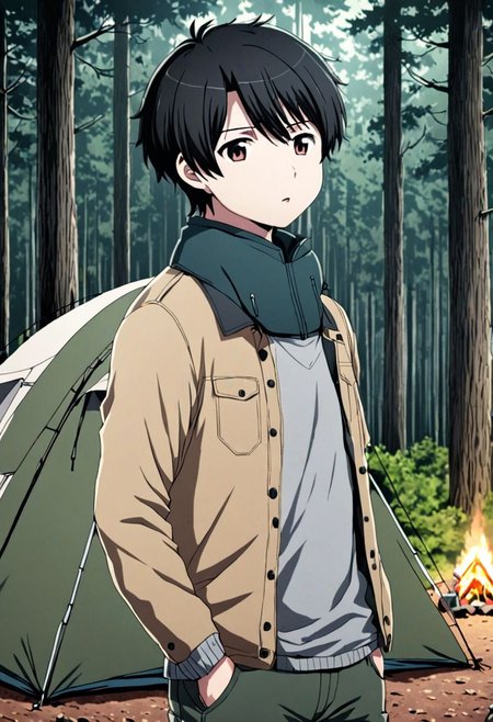 high resolution, solo, best quality, 1Boy, Inaho Kaizuka, Black Hair, forest, camping, OverallDetail