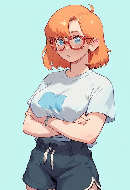 score_9, score_8_up, score_7_up, score_6_up, source_cartoon, 1girl, solo, 
 sexy hips, shiny skin, 
ritacolo, thin rimmed glasses, short orange hair, blue eyes, light freckles, pudgy, large breasts, loose light blue t-shirt, shorts, looking at viewer, furrowed brow, parted lips
 upper body, close up, blank background
