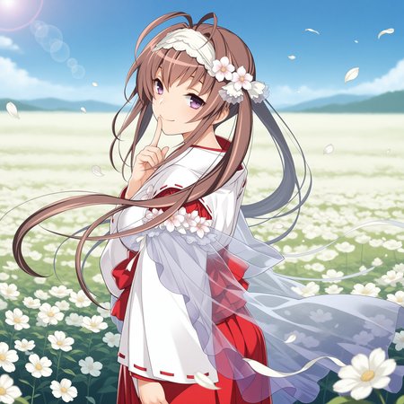 <lora:Tokugawa_Tone_1_nai-000057:1>,Tokugawa Tone,twintails,very long hair,
official outfit,hair ornament,hair flower,white hairband,japanese clothes,ribbon trim,red hakama,hakama skirt,white kimono,see-through shawl,flower on shoulder,white flower,red bow,white ribbon,
BREAK
1girl,solo,smile,from side,looking at viewer,finger to mouth,day,floweres,flower,flower field,standing,wind,floating hair,depth of field,lens_flare,petals,falling petals,