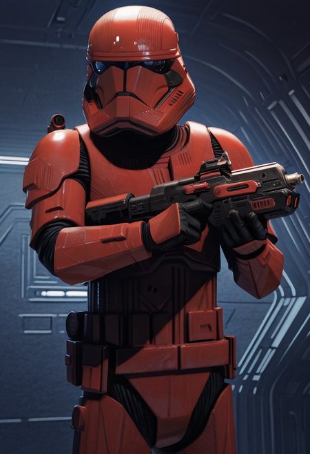 detailed background, cowboy shot, solo, 1boy, SithTrooper, red armor, red helmet, black visor, holding st-w48 blaster riffle in hands, Imperial-Style, Imperial-Tech, Star Wars, detailed scenery, masterpiece, best quality, very aesthetic, newest, masterpiece, best quality, amazing quality, very aesthetic, absurdres, newest,, high res, ultra detailed, best quality, best artwork, detailed eyes, (eyes focus), perfect eyes, big iris, pupils visible, anthro hands, claws, 4k, ultra quality, perfect face, absurdres,masterpiece,best quality,amazing