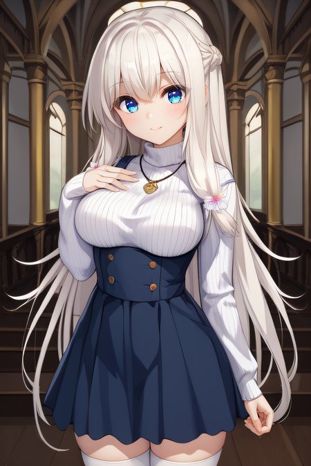 score_9, score_8_up, score_7_up, source_anime, rating_safe, intricate details, official style, 1girl, solo, <lora:Kimihara_Yua:1>, yua, white hair, blue eyes, very long hair, hair flowers, large breasts, white sweater, turtleneck, necklace, pinafore dress, black skirt, high-waist skirt, short skirt, thighs, white thighhighs, looking at viewer, smile, indoor, looking at viewer, hand on chest