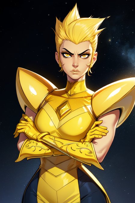 ylwdim,(yellow skin:1.2),yellow eyes,spiked hair,blonde hair,
gloves,pants,yellow armor,pauldrons, serious, 
standing,upper body, crossed arms, 
stars,gold base,
(insanely detailed, beautiful detailed face,beautiful detailed eyes, masterpiece, best quality),<lora:yellowdiamond-10v6:0.8>,