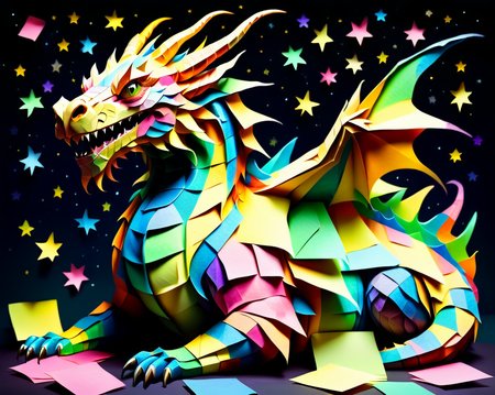 a massive colorful dragon with fine scales made out of Jed-StickyN, laying down curled up asleep, eyes closed, head down, head on front feet, dynamic angle, dark fantasy, intricate details, ultra wide shot, zoomed out, 
<lora:StickyNotesStyle:1>,  <lora:add-detail-xl:0.7>,  <lora:sd_xl_dpo_lora_v1:1>, <lora:xl_more_art-full_v1:0.3>,  set against a  background of a starry sky,