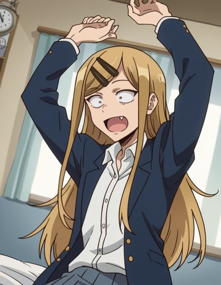 score_9, score_8_up, score_7_up, source_anime, <lora:saya-endou-s2-ponyxl-lora-nochekaiser:1>, saya endou, long hair, blonde hair, hair ornament, brown eyes, hairclip, fang, wide-eyed, constricted pupils, sanpaku,, skirt, shirt, hair ornament, school uniform, jacket, pleated skirt, socks, blazer,, bedroom, alarm clock, morning routine, yawning, stretching, on bed,, smile, , hand holding a cup, solo,, cowboy shot, dutch angle