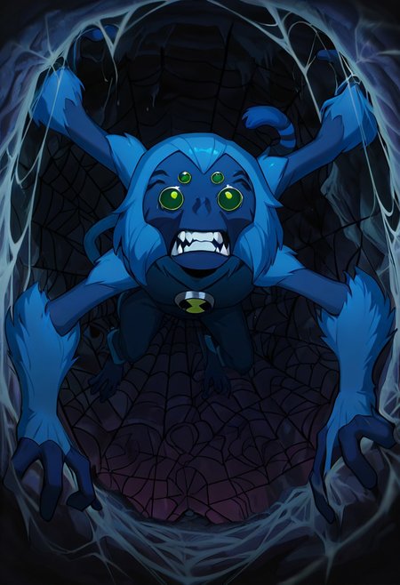 masterpiece, best quality, amazing quality, very aesthetic, absurdres, newest,, detailed background, 
spidermonkey, extra eyes, solo, blue skin, extra arms, long blue tail, , green eyes, teeth, blue hair, , teeth, fangs, four arms, 
spider cave, inside cave, massive webs, on webs, spider webs, cobwebs,