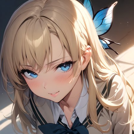 (masterpiece),(best quality),(ultra-detailed),(best illustration),(best shadow),(absurdres),(detailed background),(very aesthetic), sena kashiwazaki, blonde hair, blue eyes, long hair, butterfly ornament, hair ornament, large breasts, school uniform, pleated skirt, upper body, portrait, seductive smile,  <lora:XL-SenaKashiwazaki:1>