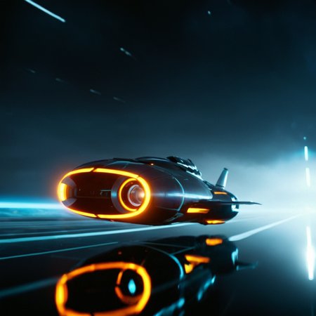 cinematic film still of <lora:add-detail-xl:0.1>1
<lora:detailed:0.3> realism
<lora:perfection style:0.2> perfect
<lora:eyetune:0.6>
<lora:xl_more_art-full_v1:0.1>
<lora:Ron Fricke style:0.3>
<lora:Unreal Engine style:0.3>
<lora:TeethXL:0.3>
<lora:Chiaroscuro Lighting Style:0.3> Chiaroscuro Lighting Style
 <lora:Tron style:1>
In a futuristic sci-fi glowing world a futuristic sci - fi spaceship with a bright orange light coming from it,no humans,ground vehicle,science fiction,realistic,vehicle focus,lights , action movie themed, science fiction movie themed, sharp, detailed, epic cinematic photography, artistic, dramatic light, cinematic color style, Kodak film style, Tron style, shallow depth of field, vignette, highly detailed, high budget, bokeh, cinemascope, moody, epic, gorgeous, film grain, grainy