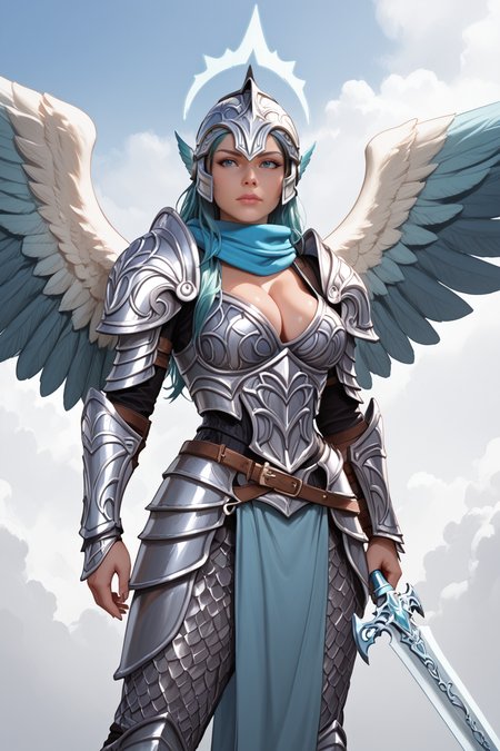 score_9, score_8_up, score_7_up, masterpiece, high quality, BREAK
 <lora:zarielAngelPonyLoRA:0.8>zargel, halo, long hair, scarf, feathered wings, vambraces, faulds, belt buckle,multiple wings, pelvic curtain, chainmail pants, large wings, huge weapon, holding sword, holding weapon, sword, planted sword, heaven, holy light, serious, (cleavage, winged helmet:1.3), from side