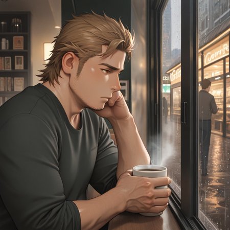 masterpiece, best quality, amazing quality, absurdres, newest, detailed background, definition so sharp, Ultra-HD, 8K cinematic, very awa, impressionate, amazing quality, highres, 
solo, male focus, manly, plump, shadow, shiny skin,
ekusoushizumu, ekusou_brunette, ekusou_orange eyes, 1boy, short hair, sideburns, stubble, urban, city_lights, coffee_shop, bookstore, rainy_day, window_view, steam_from_cup, thoughtful, serene_cityscape, muted_colors, cozy_corner, gentle_rain