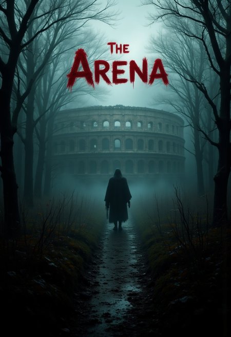 Horror movie scene, mist, forest of scariest trees a Colosseum can be seen, walls of the colosseum are filled with blood stains, with text:"The Arena" made with blood , aidmaabdhr, aidmaTextImprover