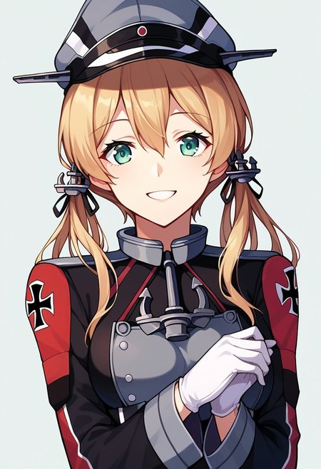 score_9, score_8, score_7, source_anime, prinz eugen (kancolle), low twintails, anchor hair ornament, long sleeves, military hat, military uniform, iron cross, gloves, cross, white gloves, smile