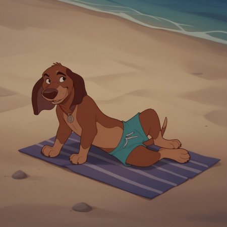 score_9, score_8_up, score_7_up, score_6_up, score_5_up, score_4_up, source_furry, ItchyItchiford, feral, male, Dachshund, brown fur, swim trunks, at the beach