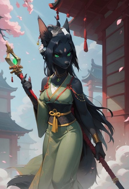 score_9, score_8_up, score_7_up, (1girl), solo Black furry fox  green eyes, dressed in a white and black men's kimono. The fur on the ears and tail is yellow (gold) at the very end. He stands with a staff in a fighting stance. a calm expression on his face. an abandoned Japanese temple. A bright day . Front flare lighting