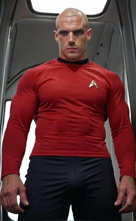 1boy, 20 year old male, Handsome, masculine, blonde, star trek, red shirt, muscle,  tall, tight shirt, wide pectorals, big shoulders, wide shoulders, muscular neck, German, standing at attention, bald, big pale blue eyes, abs, biceps, serious facial expression, phaser, hand, long bulge in his pants, view from below,
mb-bulge,
stunf, star trek uniform, uss enterprise ncc-1701 interior background, star trek, space ship interior, 1960s TV,