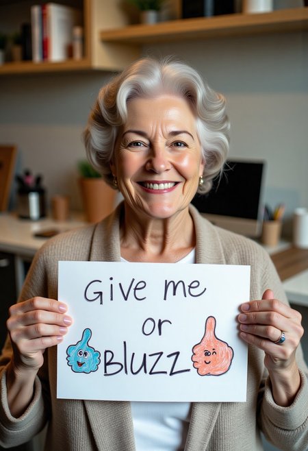 mature woman holding a sign  it says "give me thumbs up or buzz",