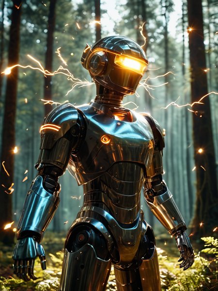 cinematic film still A high definition epic photograph of ((34: ***An Eccentric Sous Chef Robot*** â Constantly experiments with bizarre ingredient combinations leading to unexpected culinary delights or disasters depending on mood swings!!!     Infront of Enchanted Forest: A dense, misty woodland with beams of sunlight filtering through the trees.)) in the background.
(dynamic:1.1), sun rays,, (taken by 15mm fisheye lens:1.1)
 = ((Vivid, HDR, Canon50, 8K, Hyper Realistic, Dramatic, Epic, Dynamic Contrast, Cinematic Lighting)) (((Zoomed Out, Far away Shot))) = =. Epic dynamic lighting . =vibrant, highly detailed, psychedelic
<lora:juggernautXL_version6Rundiffusion:0.8> <lora:crystalClearXL_ccxl:0.8> ((Vivid, Epic, Dynamic contrast)) (((Zoomed out, Far away shot, In frame)), 
<lora:glowneon_xl_v1:0.8> glowneon, glowing, sparks, lightning <lora:extremely_detailed:1>, - Generate images with sharp edges and fine details.
- Produce high-resolution images with no blurriness or distortions.
- Create images with clear and well-defined subjects.
- Ensure that the output images have crisp lines and distinct features.
- Generate images with vibrant colors and accurate tones.
- Avoid noise or artifacts in the generated images.
- Focus on producing clear textures and patterns in the images.
- Emphasize clarity and definition in all aspects of the generated images.
- Prioritize the sharpness and clarity of the main subjects in the images.
- Optimize the AI model to produce clear and visually appealing images., Wlop, By art germ . shallow depth of field, vignette, highly detailed, high budget, bokeh, cinemascope, moody, epic, gorgeous, film grain, grainy