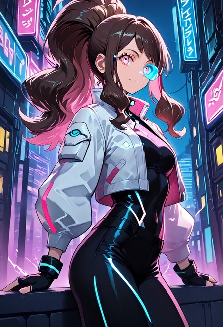 score_9, score_8_up, score_7_up, score_6_up, score_5_up, score_4_up, source_anime, solo, 1girl, 
zzHildaLuxCitron, pink eyes, brown hair, high ponytail, long hair, multicolored hair, pink hair, ponytail, sidelocks,  white jacket, long sleeves, shiny, pants, black gloves, cyberpunk, scouter, 
masterpiece, best quality, very aesthetic, absurdres,