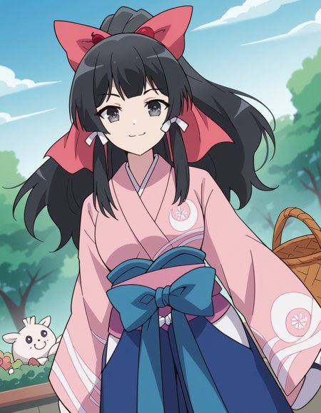 score_9, score_8_up, score_7_up, source_anime, <lora:yae-kokonoe-s2-ponyxl-lora-nochekaiser:1>, yae kokonoe, long hair, bangs, black hair, bow, ribbon, hair ribbon, ponytail, hair bow, black eyes, grey eyes, medium breasts,, skirt, japanese clothes, kimono, hakama, hakama skirt, pink kimono, farmers market, fresh produce, local vendors, baskets, sunny day, community, , smug, looking at viewer, solo,, dutch angle, cowboy shot
