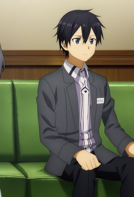 high resolution, professional photography, best quality, 1Boy, Kazuto Kirigaya, Black Hair, Black Eyes, lovely, deep talk, helpless. sit, couch, OverallDetail