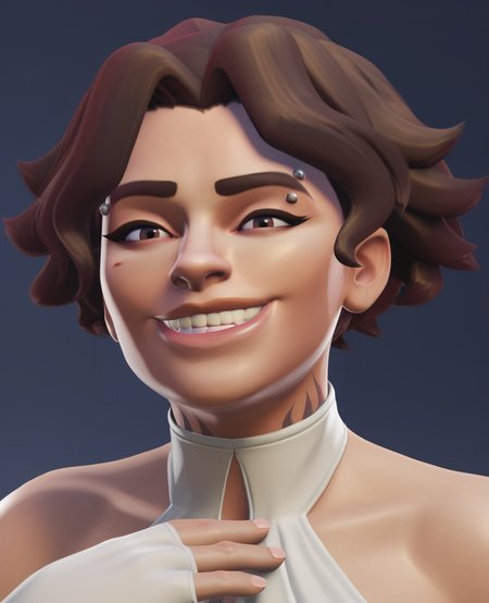 score_9,score_8_up,score_7_up,score_6_up, 3d, realistic,  <lora:Venture_Final:0.9>, venchurro1, 1girl. eyebrow piercing, neck tattoo, wavy hair, short hair, brown hair,  chipped tooth,  evening gown, halterneck, elbow gloves, hand on chest, looking at viewer, smile, portrait, close up