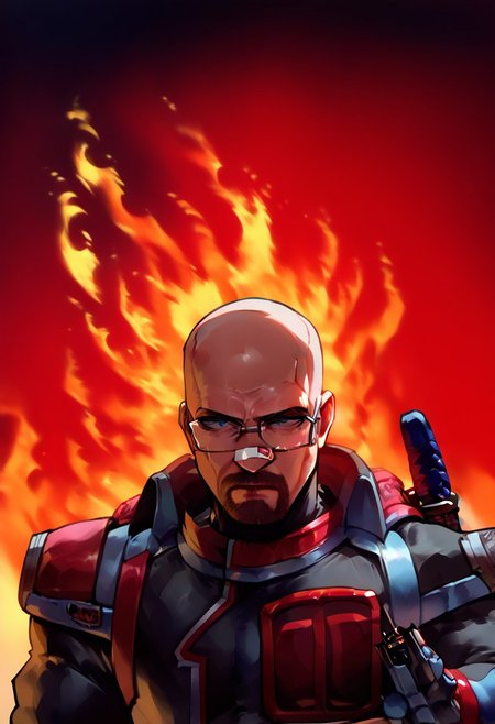 score_9, score_8_up, score_7_up, STYLES | PONY & ANIMAGINE, black hat
   , masterpiece, beautiful, upper body, front view, band aid on nose,black hat,
,walteruwaito,Middle-aged man, bald, Glasses, power pose, cold look,bear,Spdshadowranger, black armored suit, red and silver accents, metallic chest armor, bold "100" design, angular shoulder pads, black gloves with red cuffs, silver belt with red buckle, holster with weapon, ,anime art style, desert background,flip flip phone,sheath, katana,  fire background, desert