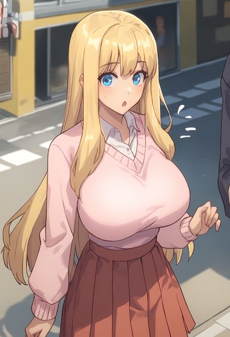 score_9, score_8_up, score_7_up, score_6_up, source_anime, rating_explicit, 1girl, solo, huge breasts,<lora:hoshigaoka yuri prefectPonyxl:0.8> blonde hair, long hair, blue eyes, pink sweater, white shirt, collared shirt, long sleeves, red skirt, pleated skirt, surprised, Narrow shoulders, street, outdoors, looking at viewer, anime coloring