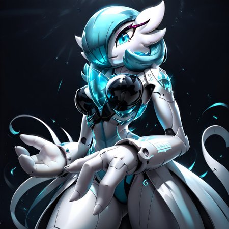 (((gardevoir))), female, anthro, pale white skin, mecha gardevoir with beautiful face and eyes, blue short hair, in cyber city, dark background, masterpiece, 8k, uhd, extremely detailed, dynamic pose, great anatomy, perfect body shape, perfect limbs, perfect hands, hyperrealistic, phtorealistic, low angle, movie scene, perfect fingers, 3 fingers