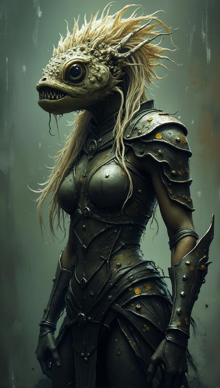 <lora:Green_cuties-000004.safetensors:1> A grainy, poorly lit image captures
A warrior woman with a fish head and human body, clad in armor adorned with black and gold accents, stands tall, exuding strength and ferocity. Her blonde hair cascades down her back, framing her sharp features, while her muscular physique seems honed for battle. The surreal fusion of aquatic and terrestrial elements creates an unsettling yet captivating visual presence.