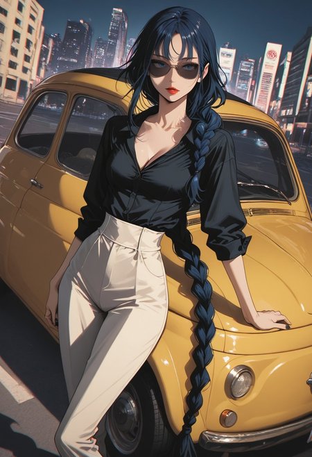 LDSCH Style, aesthetic, p1n04rtstyl3,pinoartstyle,pino art style, LeIsT0_illu, masterpiece, best quality, masterpiece \\\\(quality\\\\), depth of field, cinematic, shadow, chromatic aberration, 
1woman, dark blue hair, ((hair in long single braid)), (((very long braid))), blue eyes, ((slim body)), fit slim, (small breasts), dynamic angle, skinny body, narrow waist, black nail polish, red lipstick
Wearing tight black button down shirt, Cleavage, wearing high waisted white pants, black wide rim sunglasses, 
fiat500, fiat 500, ((yellow Fiat)), standing beside the car, arm rested on top of car, curbside parking space, empty City Street, dusk,