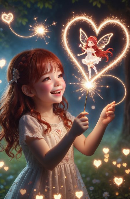 amazing quality, masterpiece, best quality, hyper detailed, ultra detailed, UHD, DOF, depth of field, HDR, perfect anatomy,
cute, kawaii, dark red hair, joyfully plays with fairy wand, waving it in the air, wearing white dress, spark hearts, dancing, 
translucent, dazzling, shine, sparking, trajectory of sparks, drawing hearts, several hearts, multi hearts, overlapping hearts, continuously hearts, heart above fairy wand,
<lora:cfc-spark-dragon-000006:0.6>,
<lora:add-detail-xl:0.75>,
<lora:extremely_detailed:0.75>, extremely detailed,
<lora:EnvyBetterHiresFixXL01:1.0>,
<lora:DonM3t3rn1tyXL-v1.1-000008:0.6>, DonM3t3rn1tyXL,